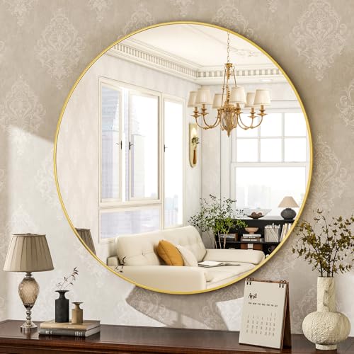 Image of HARRITPURE Round Mirror 19.6 Gold Wall Mounted Circle Mirrors Vanity Mirror with Brushed Aluminum Alloy Frame Modern Decoration for Bathroom, Living Room, Vanity, Bedroom, Entryway