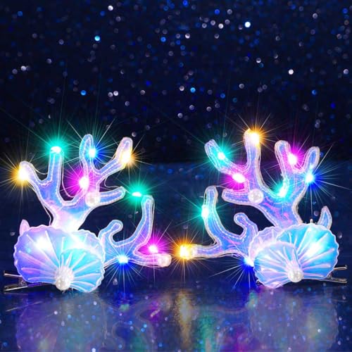 BARTOSI Light Up Hair Clips LED Mermaid Hair Barrettes Glow Hair Pins Costume Hair Accessories for Women and Girls (Pack of 2)