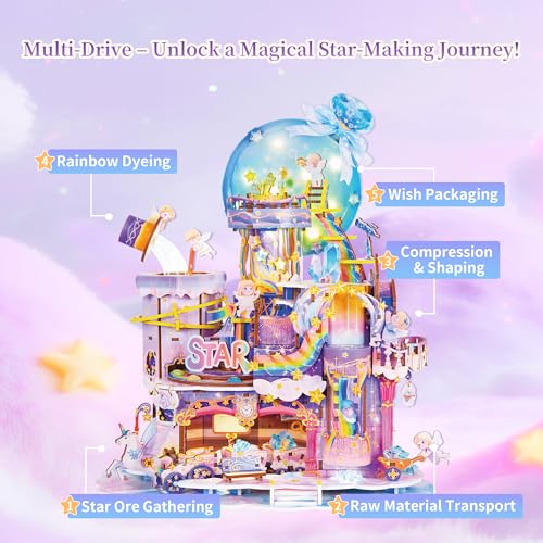Image of Tonecheer 3D Wooden Puzzle for Adults - Star Workshop, Mechanical Transmission Model Kit, Dynamic DIY Building Set with Music & Lights, Miniature House Kit Ideas