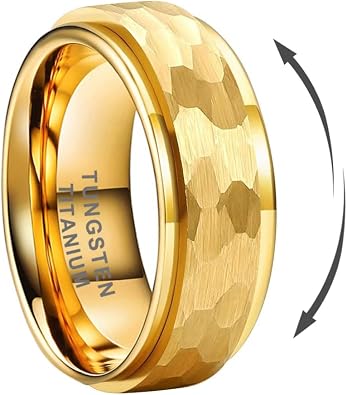 TUTISS 8mm Silver/Black/Gold Spinner Tungsten Titanium Fidget Rings for Men Women Anxiety Released Hammered Design Engagement Wedding Band Stepped Edges Comfort Fit