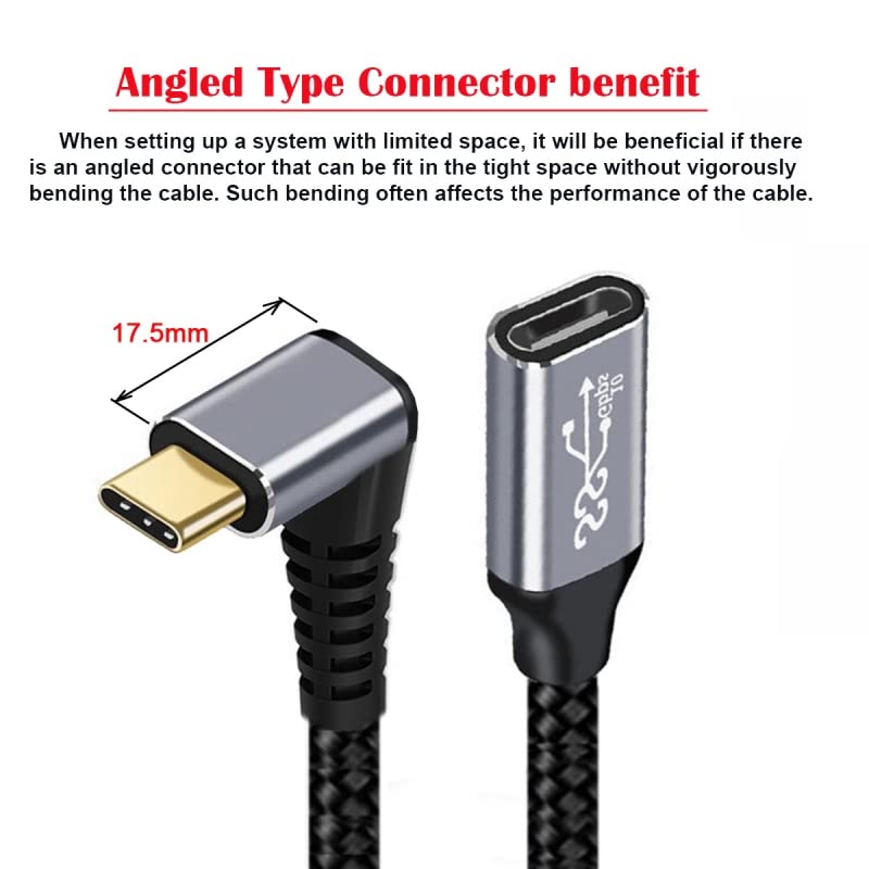 Image of CY Cable Up Down Angled USB-C USB 3.1 Type C Male to Female Extension Data Cable 10Gbps 100W Sleeve Compatible with iPhone 15 Laptop (20cm)