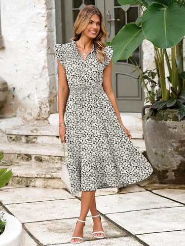 Image of Simplee Womens Summer Floral Midi Dress 2025 Summer Cap Sleeve Smocked Work Dress Ruffle A Line Long Flowy Wedding Guest Dress (Black Apricot Floral L)