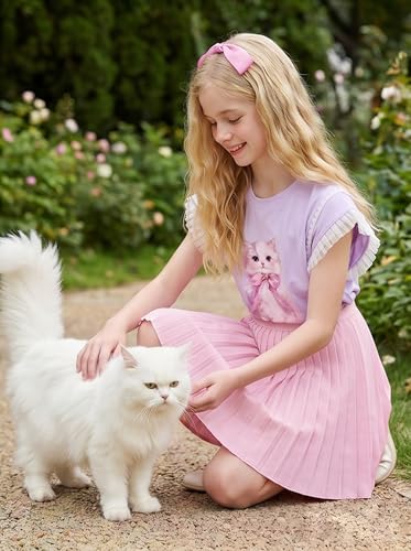 Image of Girls Ruffle Sleeves Shirt Cat Graphic Tee Cute Summer Short Sleeve Top for Teens 6-16Y