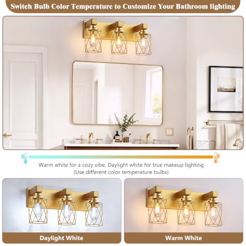 Image of Bathroom Light Fixtures, 3 Light Brushed Gold Wood Vanity Lights
