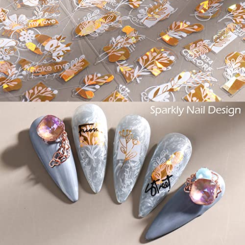 9 Sheets Flowers Nail Art Stickers Decals, 3D Self-Adhesive White Gold Cherry Blossom Flower Leave Spring Nail Decals For Women Girls Diy Nail Manicure Decoration #TOP7