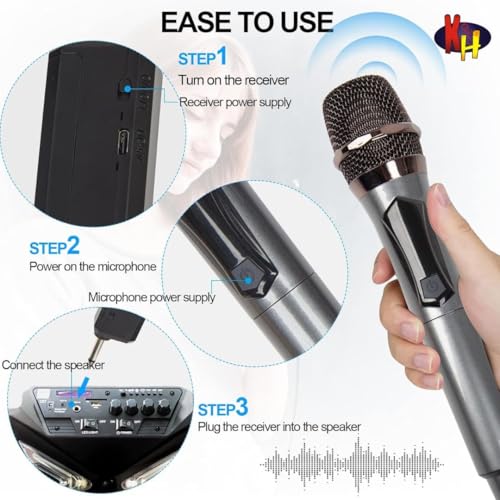 Image of kh UHF Wireless Microphone System - Dual Handheld Cordless Dynamic Mics with Rechargeable Receiver, Long Range, Clear Sound for Karaoke, DJ, Singing, Wedding, Party, Stage & Public Speaking