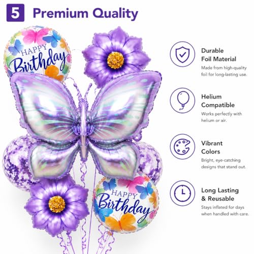 Image of AMFIN (Pack of 7) Large Butterfly Foil Balloons 34 Inch Gradient Birthday Party Decorations | Helium & Air Compatible - Purple