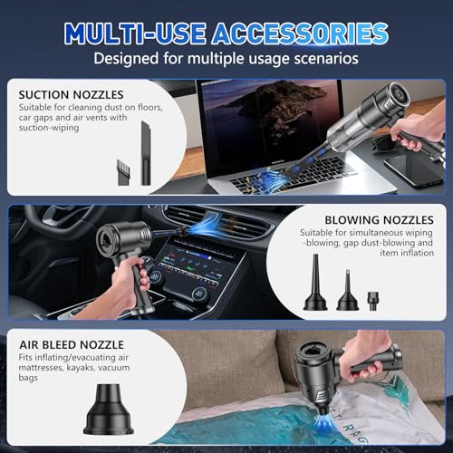 Image of KMM Handheld Car Vacuum Cleaner, 10000PA Vacuum Cleaner & Air Duster, 120W High Power Hand Held Vacuum Cordless, Portable Vacuum Rechargeable with Multi-Nozzles & LED Light for Car, Home, Pet, Office