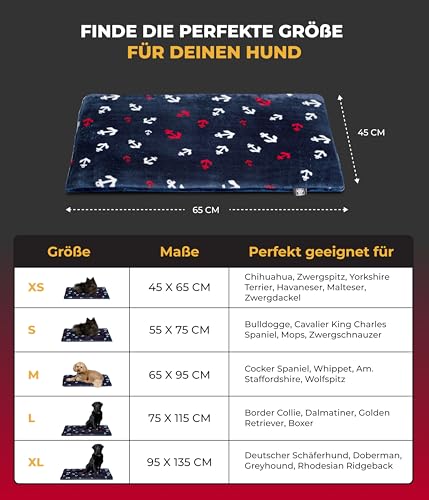 HS-Hundebett® Hundedecke XS (45x65 cm) – rutschfest & gemütlich Dank 3 cm Füllung – Perfekt fürs Sofa, Auto & Hundebox – Anker Blau, Made in DE