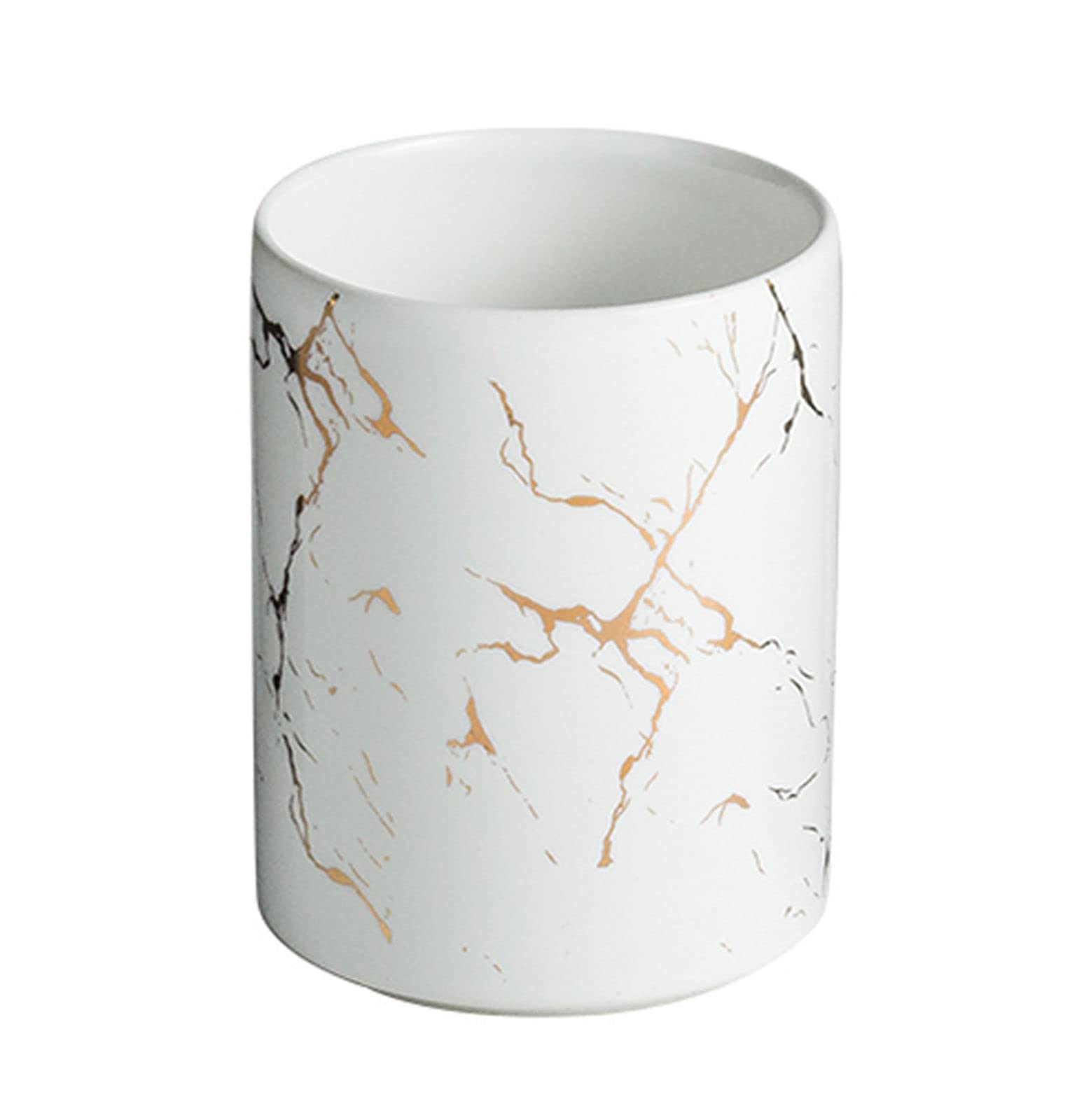 TYMYYS/ Ceramic Marble Toothbrush Cup, Porcelain Golden Grain Bathroom Tumbler, Toothbrush Holder, Bathroom Cup-White-350ml 12.3oz