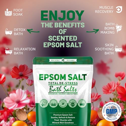 Epsom Bath Salts 1Kg – Geranium, Orange & Nutmeg Scent | Natural Magnesium Sulphate | Calming Bath Soak For Deep Relaxation, Sleep Support & Muscle Recovery (Pack Of 2) - 3