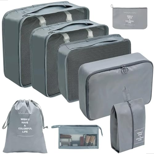 Kit Organizador de Mala 8 Peças Packing Cubes com Compressão Porta Sapatos Necessaire Transparente Roupas Sujas para Viagem (Cinza)