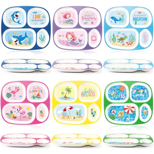 Hushee 6 Pcs 9.4 x 8.2 Inch Kids Plate for Dinner Summer Ocean Theme Cute Dinnerware Set for Girls Boys Toddler Plastic Funny Divided Plates Serving Dishes Sea Pool Shark Mermaid Flamingo Beach