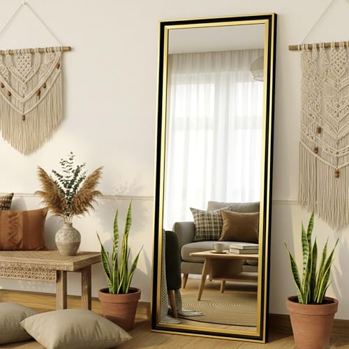 Image of 63x21 Inch Full Length Mirror Black Gold Frame, 5mm High-Definition Wall Mirror, Vertical or Horizontal Hanging Large Body Dressing Mirror for Entryway, Bedroom & Living Room