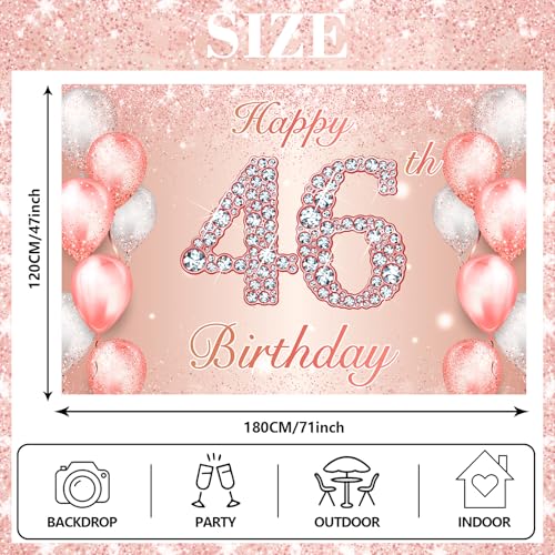 Image of Happy 46th Birthday Rose Gold Banner Cheers to 46 Years Old Backdrop Confetti Balloons Theme Decor for Women 46 Years Old Pink Birthday Party Decorations Bday Supplies Background Favors Gift Glitter