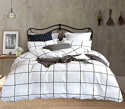 Image of KAREVER White Grid Comforter Set Big Grid Bedding Set King White Black Plaid Printed Stripes Women Checkered Comforters Bedding White Plaid King Comforter