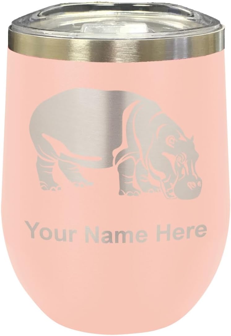 LaserGram 16oz Double Wall Stainless Steel Wine Glass Tumbler, Hippopotamus, Personalized Engraving Included (Black)
