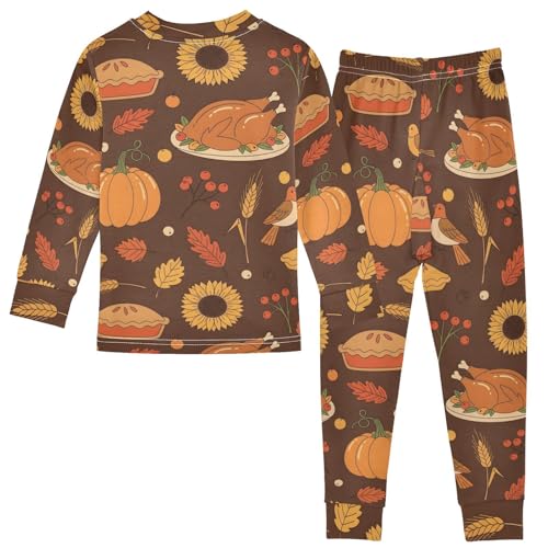 Pajama Sets Long Sleeve Autumn Turkey Food Pumpkin Pattern Soft Comfy Sleepwear 2 Piece PJS 3-8T3
