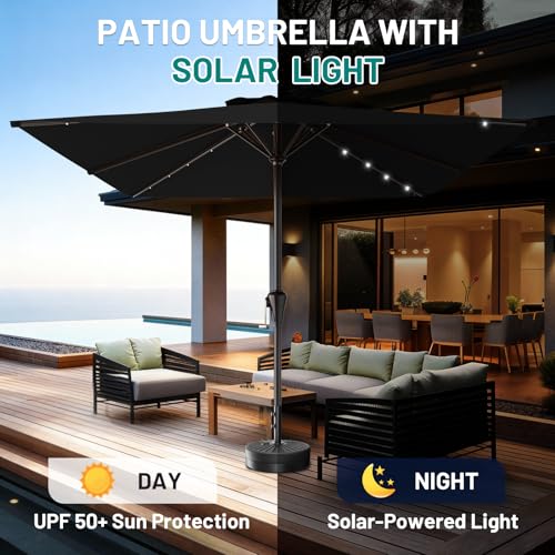 Image of AreShark 8' X 10' Rectangular Patio Umbrella with Solar Lights, Lighted Solar Umbrella with Crank, Outdoor Table Umbrella for Garden, Deck, Backyard, Pool and Beach, Black