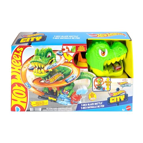 Hot Wheels T-Rex Batalla en llamas Conjunto de pista, conjunto de juego con pista y camión de bomberos metálico de juguete a escala 1:64, 45,72cm de altura, diferentes resultados de carrera, JBM73