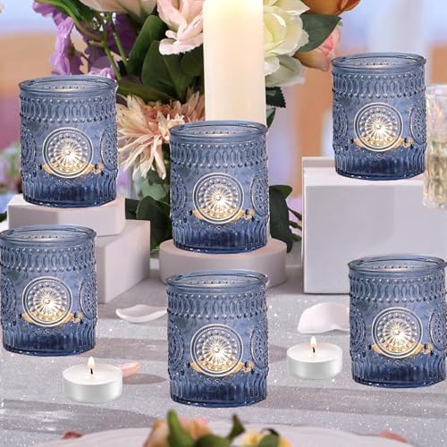 Image of Blue Votive Candle Holders, 6 Pcs Glass Tea Light Candle Holders for Wedding, Party, Home Decoration (6, Blue)