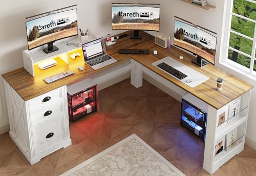 Lareth Escritorio en forma de L con soporte para monitor, escritorio LED de granja con tomas de corriente, escritorio ejecutivo L para oficina en casa con cajones de almacenamiento para trabajar