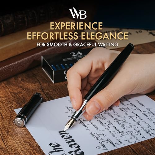 Image of Wordsworth & Black Luxury Fountain Pen Set for Writing, Broad Nib, Black | Gift for Men & Women, Brass Body, German Iridium, Calligraphy, Converter + 24 Ink Cartridges, Refillable, Leak-Free
