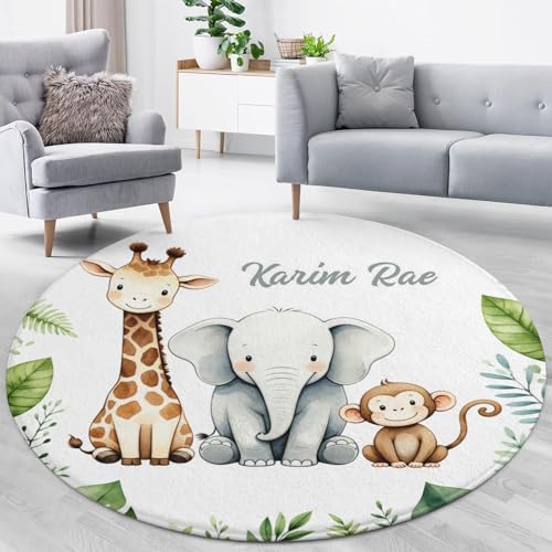 Joyestore Personalized Safari Baby Animals Custom Round Area Rug Baby Crawling Floor Mats Gifts for Boys Girls Babies with Names Nursery Bedroom Living Room Decor
