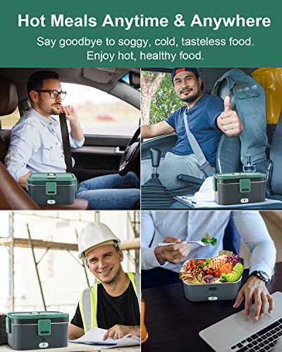 70W Faster Electric Heated Lunch Box[2023 Upgrade], Car Truck Food Warmer, 1.8L Larger Capacity 304 Stainless Steel Container For Car And Home/Office, With Carry Bag And Fork & Spoon (Grey+Green) #TOP1
