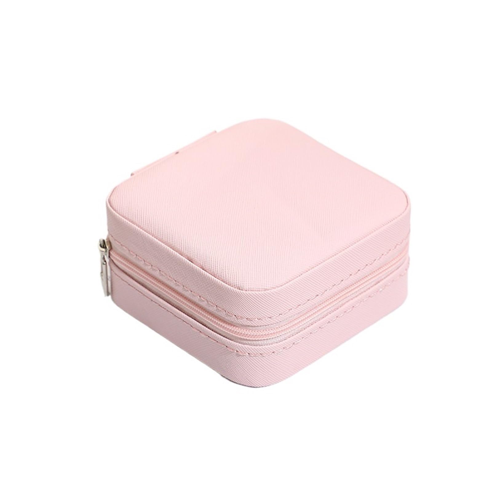 ESTDKMNOS Portable Jewellery Case， Jewellery Storage Box Multicolor Single Layer Zipper PU Square for Women(Pink)