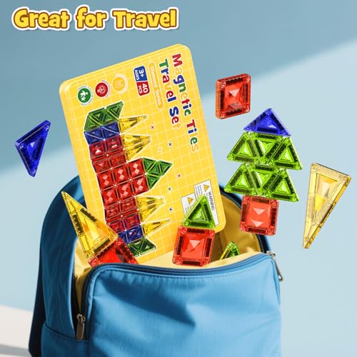 Image of Mini Magnetic Tiles Travel Set - 40PCS Diamond Texture Magnetic Building Blocks for Kids, 10% Thicker & Portable Yellow Metal Storage Box, Montessori STEM Educational Toys Gift for Ages 3+
