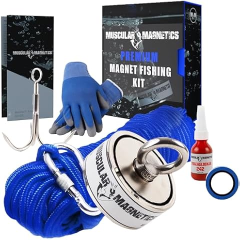 1325lb Double Sided Fishing Magnet Bundle Pack - Includes 6mm 100ft High Strength Nylon Rope with Carabiner, Non-Slip Nylon Gloves, Threadlocker, Grappling Hook & Tape (Complete Kit) Cover