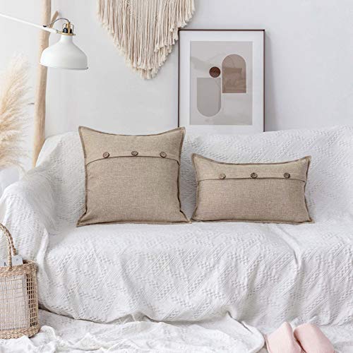 Home Brilliant Decorative Pillow Covers 2 Pcs Textured Burlap Button Pillowcases Farmhouse Holiday Lined Linen Cushion Covers For Couch Living Room, 18X18 Inches, Light Linen #TOP5