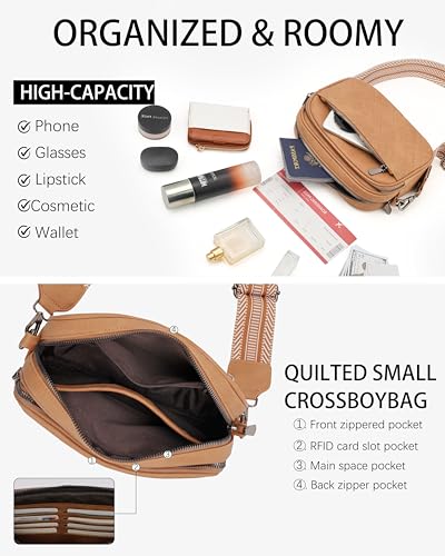 Image of Crossbody Bags for Women,Multi-Pocket Leather Crossbody Purse | RFID Blocking Pockets,Fits iPad,Adjustable Wide Strap,Quilted Exterior,8 Card Slots,Gift Ready
