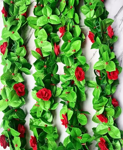 Image of VRB Dec 1 Pcs Artificial Flowers Vine Blossom /Roses Garland Fake (6 ft) Flowers Fabric Roses /Blossom Garland for Wedding Decor Diwali /Ganpati /Garden Wall Valentine (Red Rose Leaf Garland)