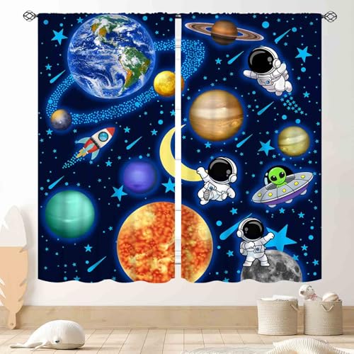 TKUYO Space Curtains, Kids Boys Solary System Universe Outer Space Planet Astronaut Galaxy Blackout Window Drapery Treatments for Living Room Nursery...