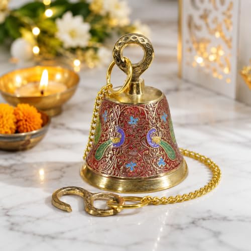 Image of CraftVatika Brass Wall Hanging Bell Ghanti for Pooja Decoration Mandir Home Temple, Pooja Decorative Items, Ghanti Bell with Deep Sound, Puja Bell with Chain and Hook (20 Inch Height)