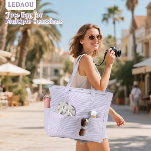 Image of LEDAOU Large Beach Tote Bag Women Waterproof Sandproof Zipper Beach Tote Bag for Pool Gym Grocery Travel with Wet Pocket | Waterproof
