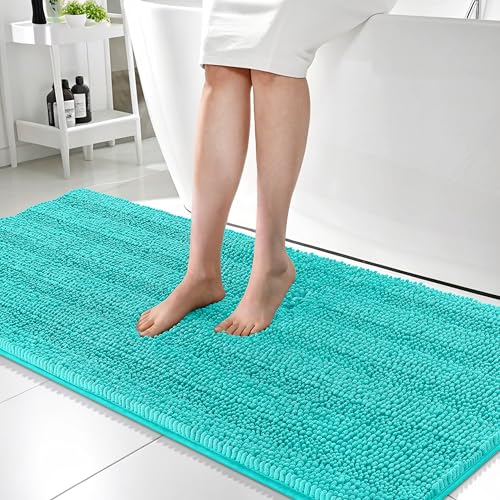Image of OLANLY Thick Bathroom Runner Rugs 59x24, Absorbent Chenille Striped Bath Rugs, Rubber Backing, Machine Wash Dry, Extra Long Bath Mats for Bathroom Floor, Tub and Shower, Home Decor Accessories, Teal