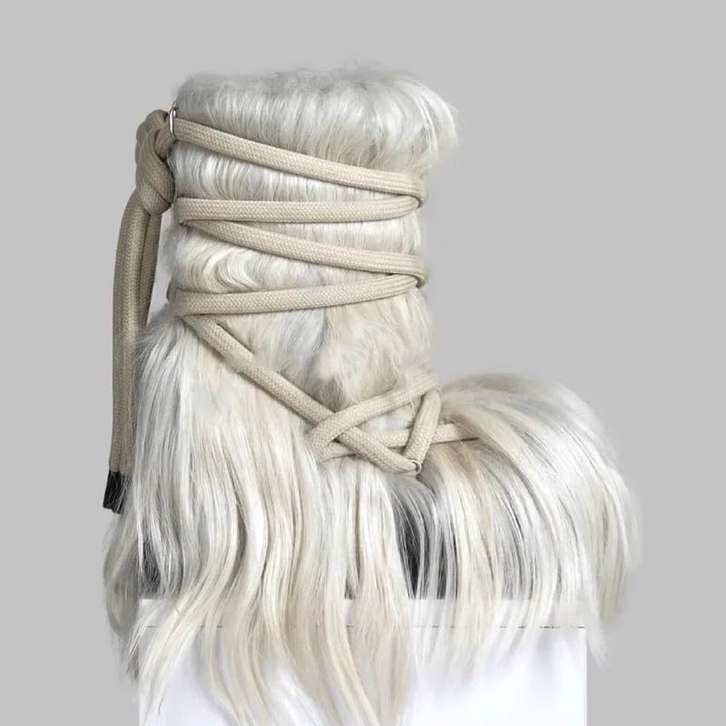 BOOT- Autumn Winter Long Hair Golden Goat Fur Short Boots For Women Laced Up Platform Booties4