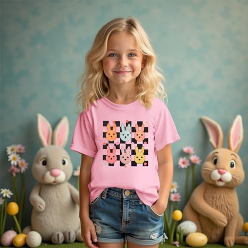 Image of SOFEON Kids Girls Easter Shirt Cute Bunny Graphic T-Shirt Funny Rabbit Flower Short Sleeve Tees Happy Easter Gift Tops
