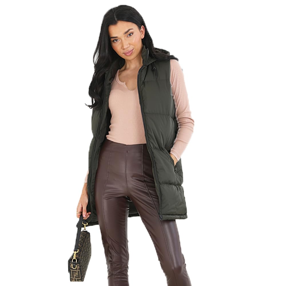Brave Soul Women's Khaki Longline Hooded Puffer Gilet In | Size: 10