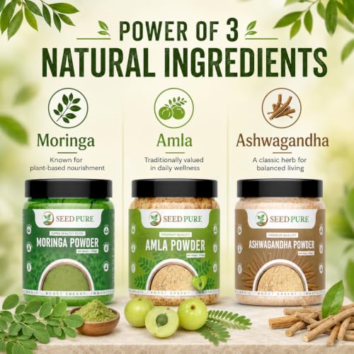 Image of Moringa + Amla + Ashwagandha Powder india, Drumstick Leaf Supplement for Digestion & Immunity, Ayurvedic Superfood, 100g moringa + amla + ashwagandha pack of 3 (300g)
