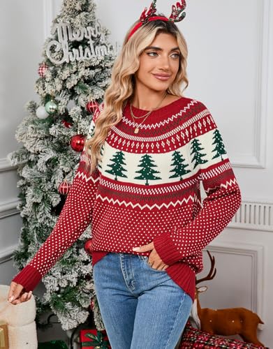 Image of Women's Fair Isle Sweater Crew Neck Long Sleeve Heart Sweater Vintage Tops