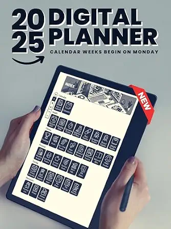 2025 Hyperlinked Digital Planner, Calendar Weeks Begin on Monday (Kindle Scribe Only)