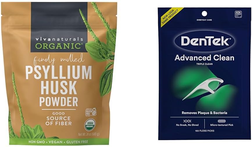 Viva Naturals24 oz Organic Psyllium Husk Powder and DenTek 150 Count Triple Clean Advanced Clean Mint Floss Picks