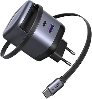 UGREEN Nexode 45W USB C Ladegerät mit Einziehbarem Kabel GaN Schnellladegerät 3 Port Netzteil PPS 25W Charger kompatibel mit Galaxy S25, S24, A15, iPhone 17-8 Serie, iPads, MacBook Air