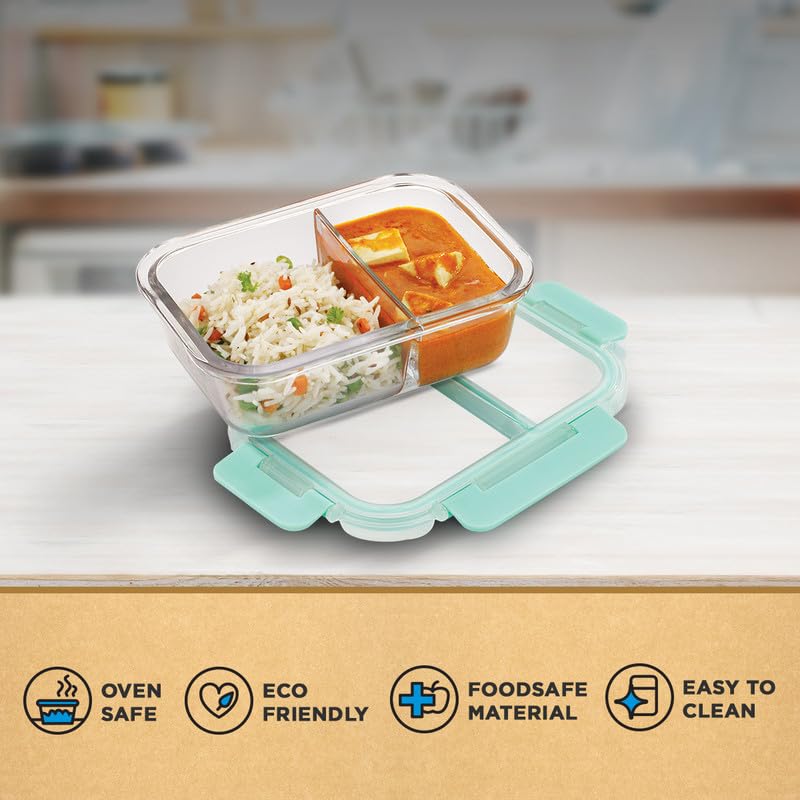 Allo FoodSafe - Lonchera de vidrio con compartimento para alimentos con cierre desmontable sin roturas, apto para horno y microondas, recipiente de vidrio de borosilicato con divisor de división,