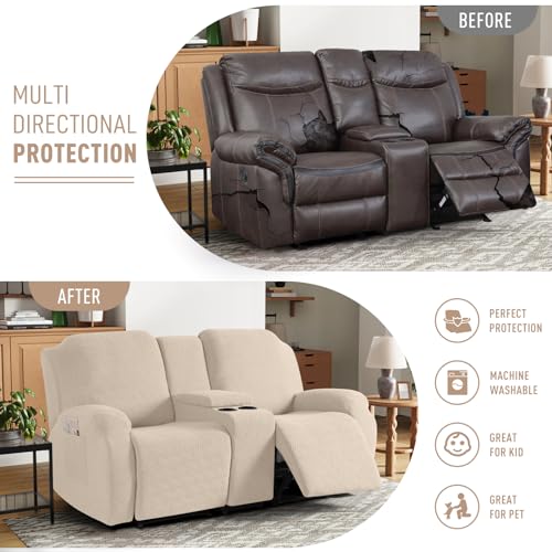 Image of KinCam Loveseat Recliner Covers with Middle Console Slipcover, Recliner Sofa Covers 2 Seat Couch Cover Stripe Jacquard Furniture Protector Covers with Elastic Bottom for Kids, Pets (Vanilla)