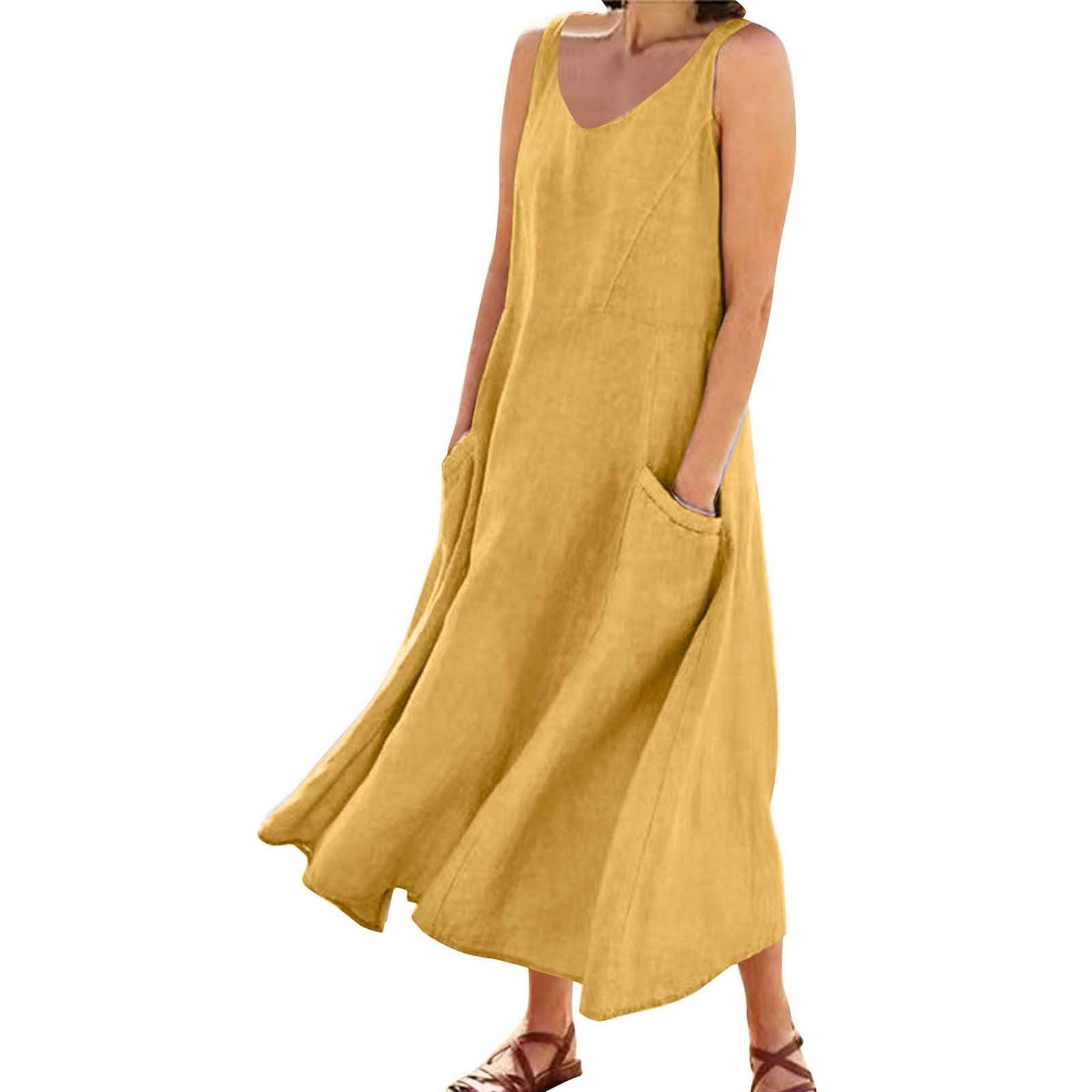 Arispjct Summer Cotton Linen Long Dress for Women 2025 Sleeveless Boho Flowy Dresses Plus Size Loose Comfy Dress with Pockets